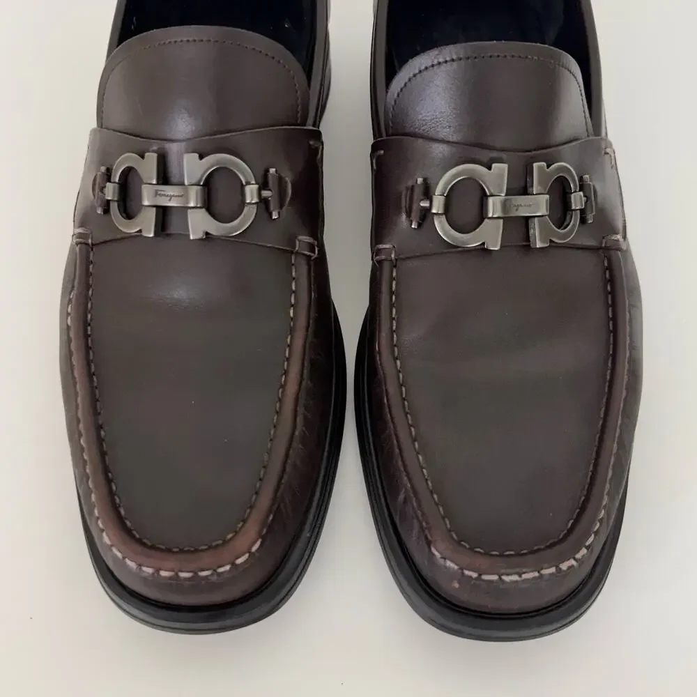 Ferragamo David Gancini Bit Leather Loafers Lug Sole Slip-On Shoes Mens 12D